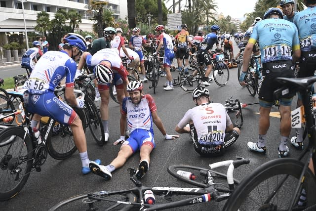 French rider Thibault Pinot (centre) was among those to fall