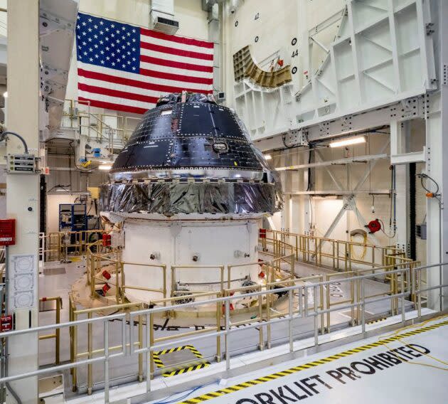 The Orion crew capsule meant for NASA’s uncrewed Artemis 1 mission around the moon and back is being prepared for its flight. (NASA Photo / Radislav Sinyak)