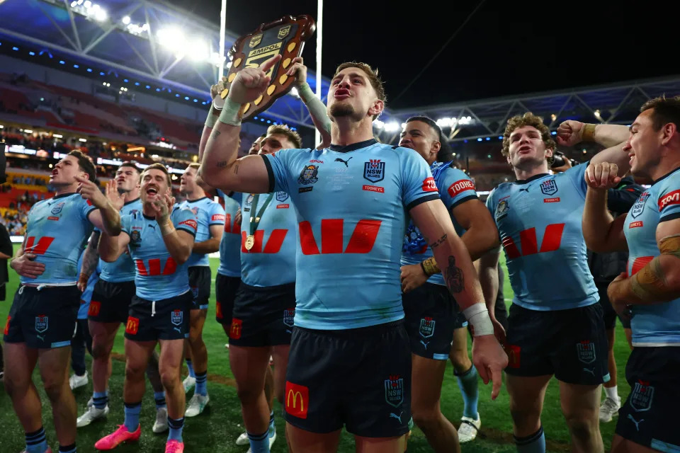 Zac Lomax celebrates in State of Origin.