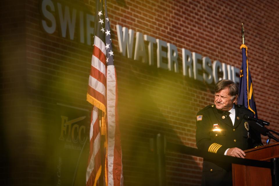 Fire Chief Freddy Johnson, Sr. speaks at a ribbon cutting ceremony for Fayetteville Technical Community College’s swift water rescue training facility on Monday, Nov. 13, 2023.