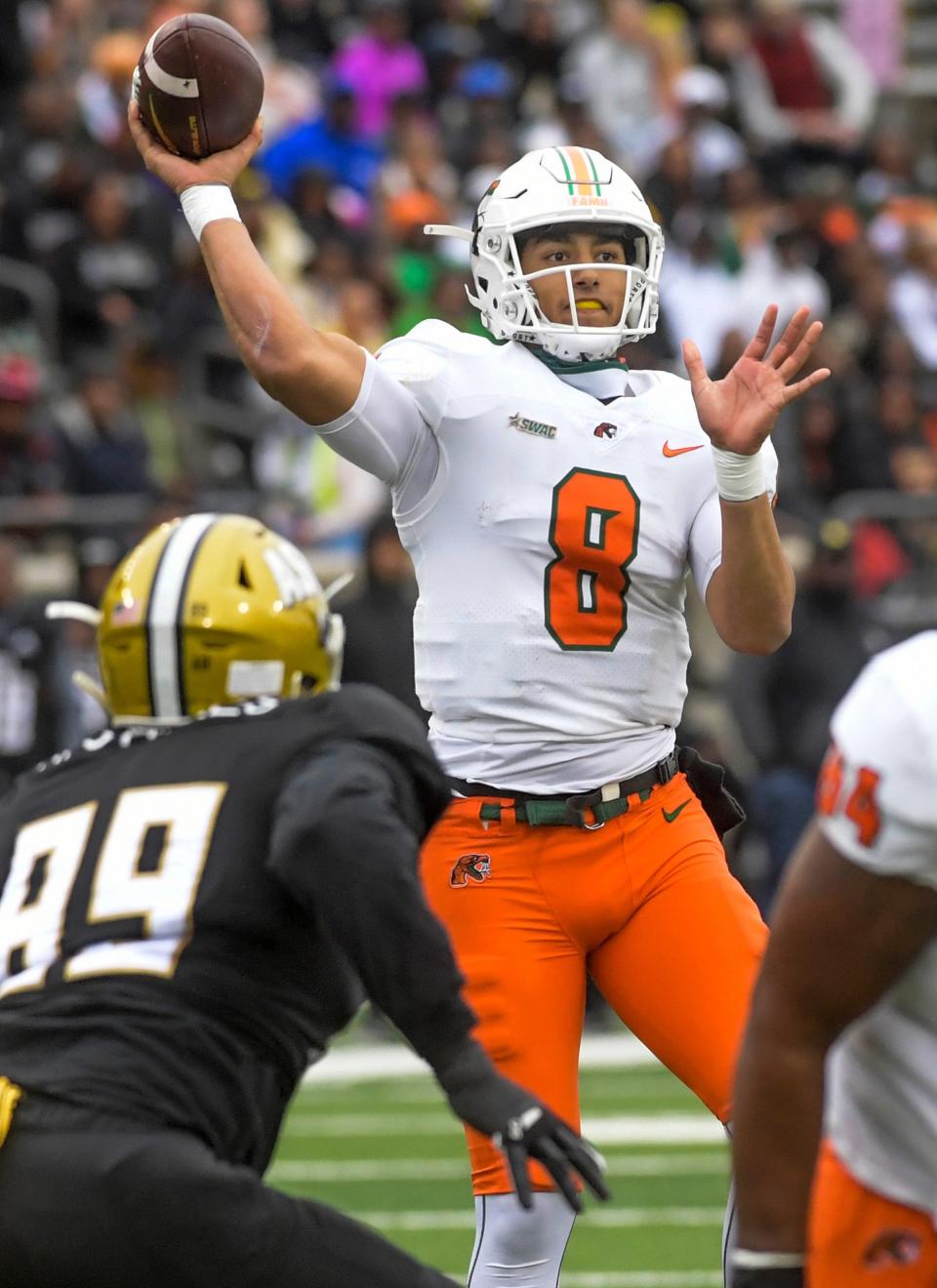 Florida A&M quarterback Jeremy Moussa (8) throws a touchdown pass against Alabama State during their game at Hornet Stadium in Montgomery, Ala. on Saturday November 12, 2022.

Asu04
