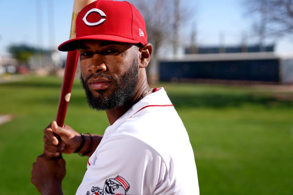 Cincinnati Reds catcher Chuckie Robinson, Friday, March 18, 2022, at the baseball team's spring training facility in Goodyear, Ariz.