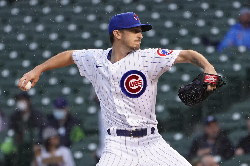 Chicago Cubs starting pitcher Zach Davies delivers during the first inning of the team's baseball game against the Washington Nationals on Tuesday, May 18, 2021, in Chicago. (AP Photo/Charles Rex Arbogast)