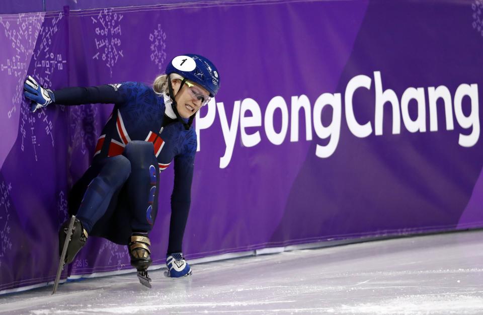 Elise Christie of Britain reacts. REUTERS/Damir Sagolj