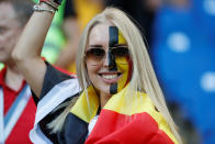 <p>Belgium fan inside the stadium before the match REUTERS/Toru Hanai </p>