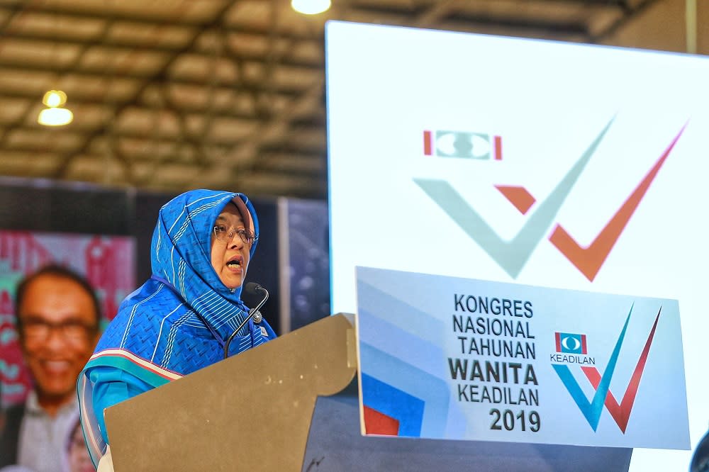 Wanita PKR president Haniza Mohamed Talha delivers her speech during the PKR Women’s National Congress in Melaka December 6, 2019. — Picture by Ahmad Zamzahuri