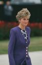 <p>The Princess had a purple-on-purple moment in this look, worn at Heathrow Airport in April 1991. </p>