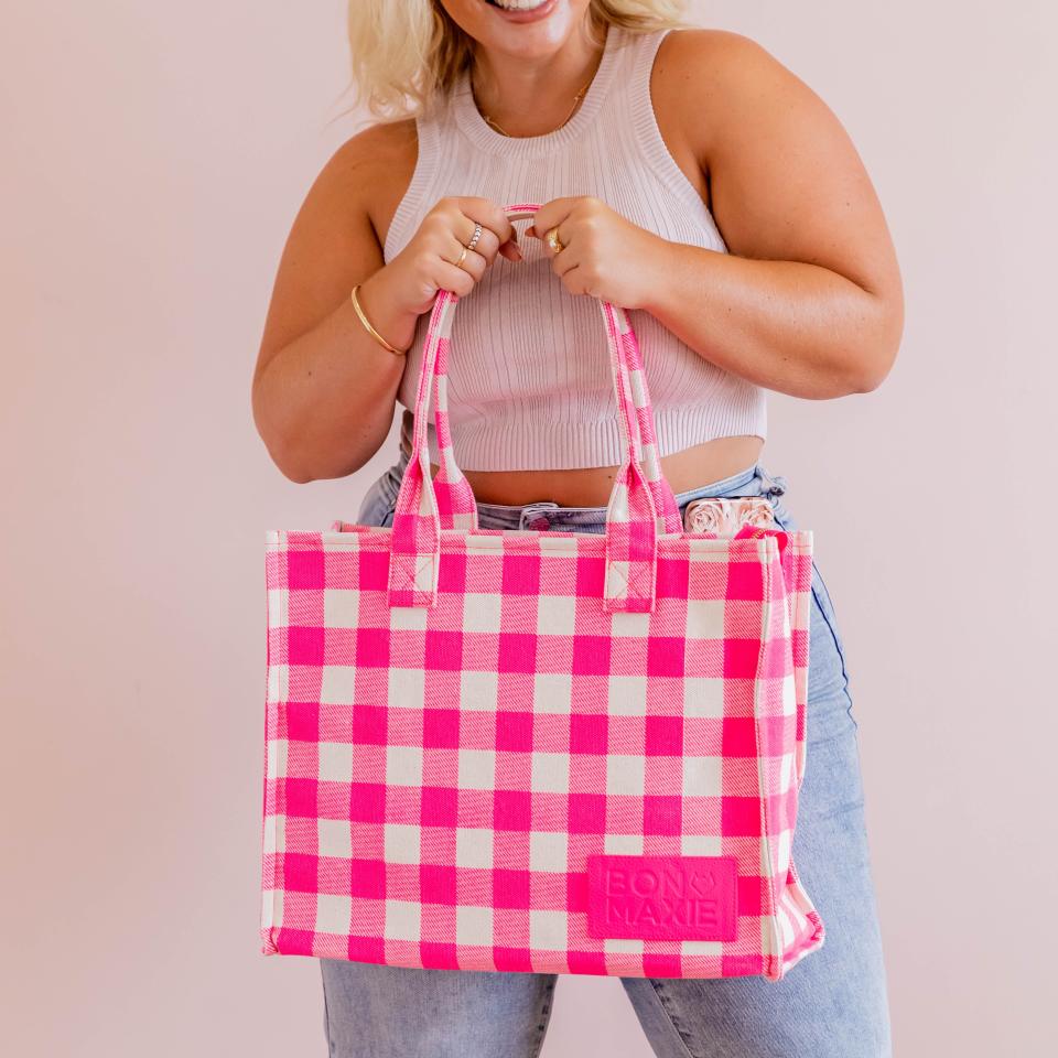 Bon Maxie's Bon Vivant Tote Bag in neon pink gingham, $139. 