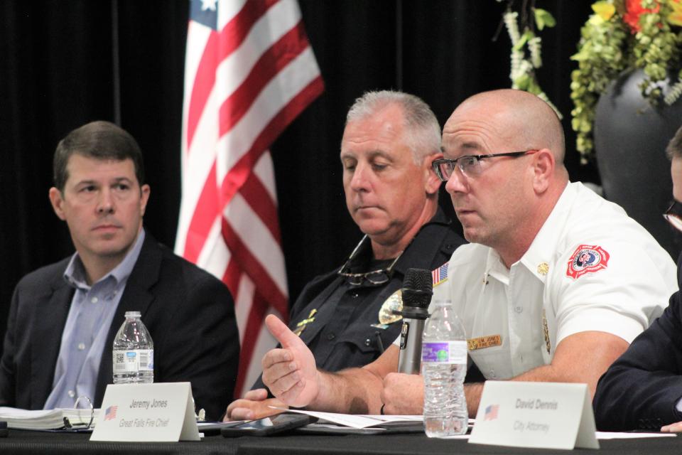 Great Falls Fire Chief Jeremy Jones (right) drives home a point during Wednesday's Public Safety Levy panel discussion. Seated to the left of Jones are Police Chief Jeff Newton and City Manager Greg Doyon.