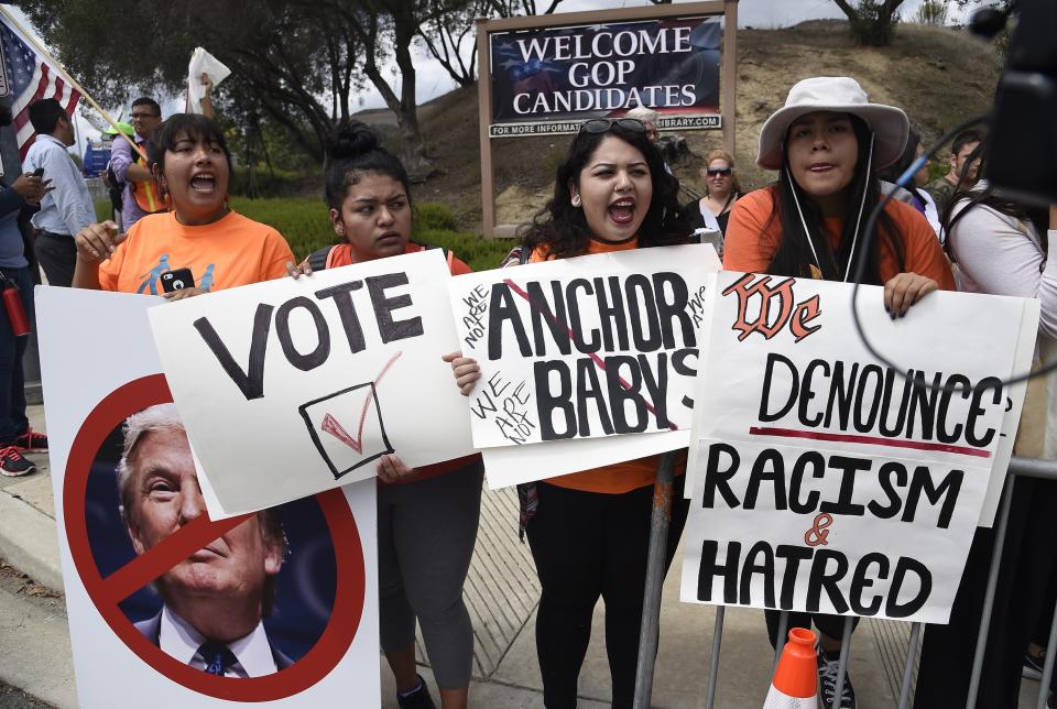 Latinos, immigration and workers’ rights advocates and their supporters protest against Donald Trump and other Republican president hopefuls, outside the Republican Presidential Debate at the Ronald Reagan Presidential Library in Simi Valley, Calif., Sept. 16, 2015. (Photo: Robyn Beck/AFP/Getty Images)