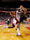 MIAMI, FL - MAY 22: LeBron James #6 of the Miami Heat drives on Tyler Hansbrough #50 of the Indiana Pacers during Game Five of the Eastern Conference Semifinals in the 2012 NBA Playoffs at AmericanAirlines Arena on May 22, 2012 in Miami, Florida. NOTE TO USER: User expressly acknowledges and agrees that, by downloading and/or using this Photograph, User is consenting to the terms and conditions of the Getty Images License Agreement. (Photo by Mike Ehrmann/Getty Images)