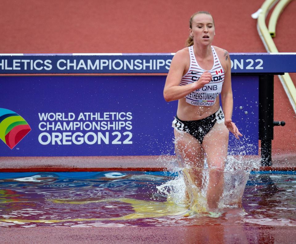 Canada's Grace Fetherstonhaugh runs in her heat of the women's 3,000-meter steeplechase during day two of the World Athletics Championships at Hayward Field in Eugene, Oregon July 16, 2022.