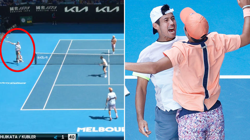 Jason Kubler (far left) was at the centre of an extraordinary early point in his men's doubles semi-final alongside fellow Aussie Rinky Hijikata. Pic: Ch9/Getty