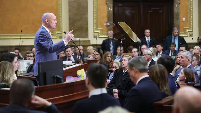 Gov. Spencer Cox delivers his 2023 State of the State address to the Utah Legislature at the Capitol in Salt Lake City on Thursday, Jan. 19, 2023.