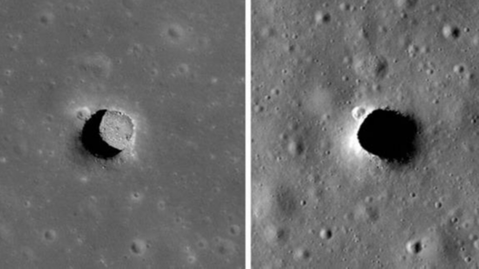 NASA’s Lunar Reconnaissance Orbiter Camera has now imaged the Marius Hills pit multiple times, each time with very different lighting. The Marius pit is about about 111 feet deep and 213 by 295 feet wide. Credits: NASA/GSFC/Arizona State University