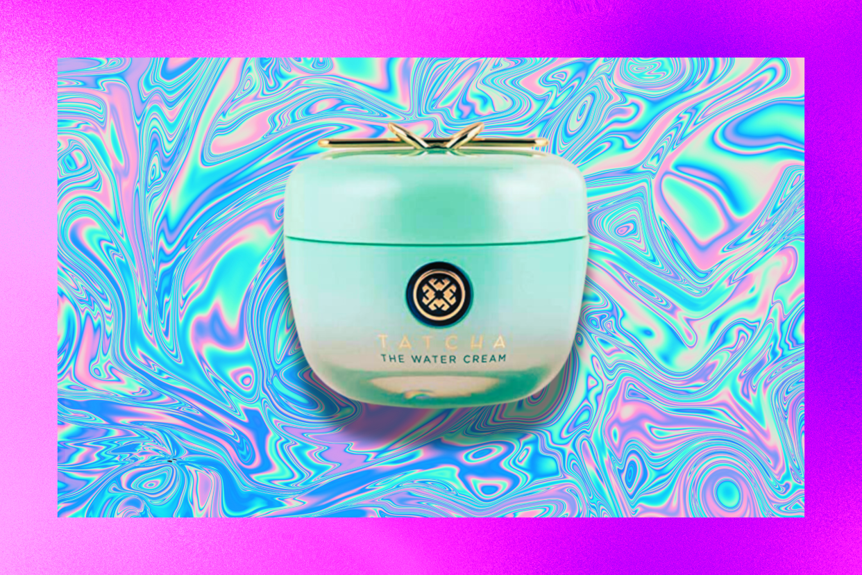 Tatcha's the Water Cream on a swirling blue backdrop 