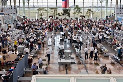 Airport security check at Denver Airport in the US - Credit: Getty