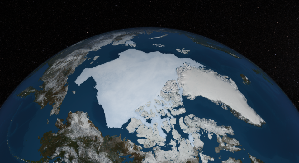 Arctic sea ice on September 13, 2013, as measured by satellite microwave sensors and arrayed on NASA’s cloudless Blue Marble satellite imagery. How many years does it have left? (NASA)