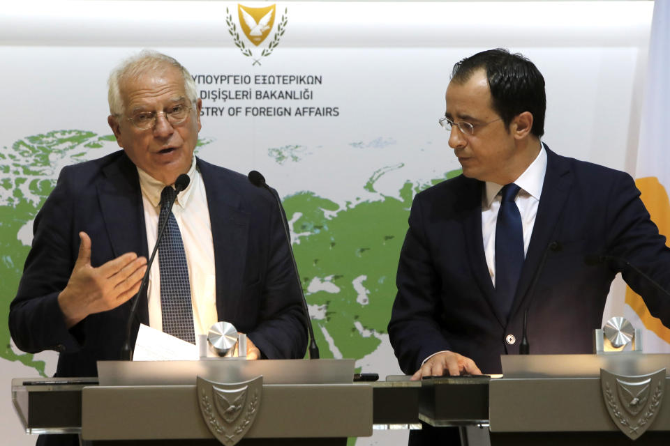 The European Union's Foreign Policy Chief Josep Borrell, left, and Cyprus' Foreign Minister Nikos Christodoulides speak during a joint news conference at the Cypriot foreign ministry on Thursday, June 25, 2020. Borrell is in Cyprus to discuss developments in the EU's southeastern-most corner that borders a tumultuous region. (AP Photo/Petros Karadjias)