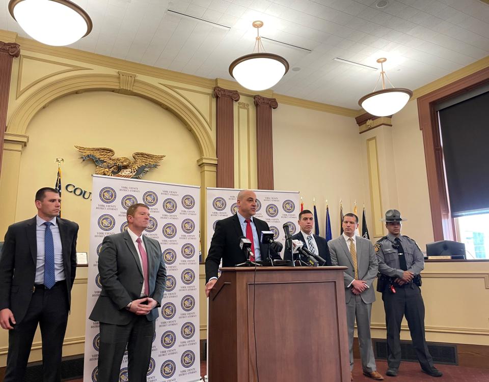 David Sunday, York County District Attorney, and the Pennsylvania State Police update the media regarding developments in the homicide of 12-year-old Kain Heiland at a news conference on May 5, 2023.