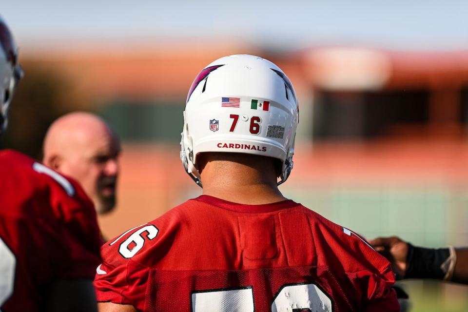 Arizona Cardinals offensive lineman Will Hernandez (76) helmet sticker during practice at the Dignity Health Sports Complex on Wednesday, September 28, 2022 in Tempe, AZ.