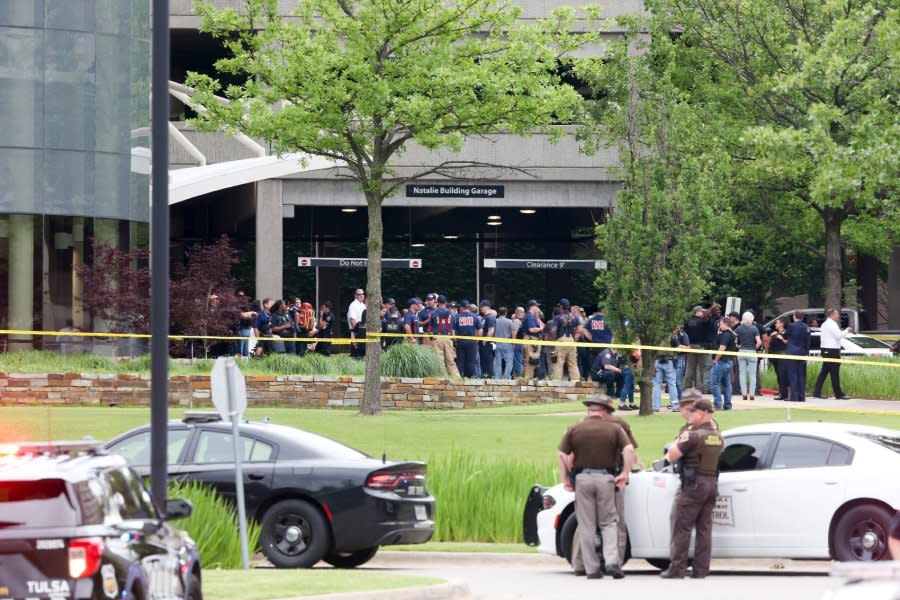 Emergency personnel respond to a shooting at the Natalie Medical Building Wednesday, June 1, 2022. in Tulsa, Okla. Multiple people were shot at a Tulsa medical building on a hospital campus Wednesday. (Ian Maule/Tulsa World via AP)