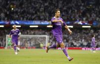 <p>Real Madrid’s Cristiano Ronaldo celebrates scoring their first goal </p>