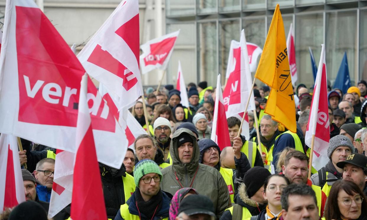 <span>Members of the Verdi trade union during a strike by Lufthansa workers earlier this year. </span><span>Photograph: Maximilian Schwarz/Reuters</span>