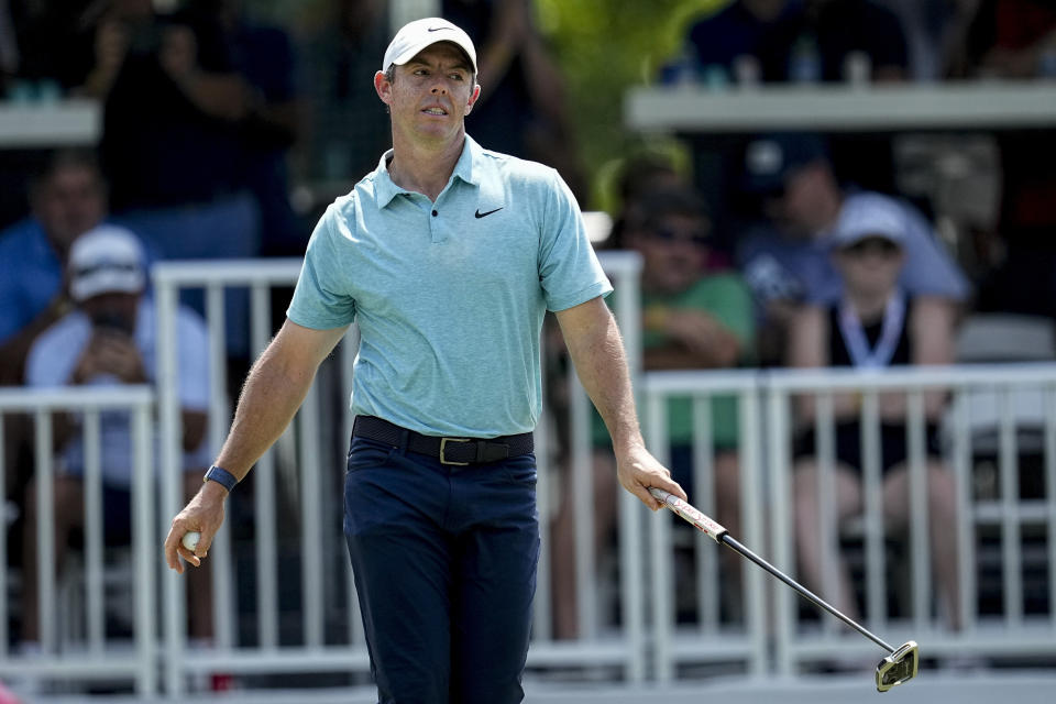 Rory McIlroy, of Northern Ireland, reacts after a putt on the seventh green during the second round of the Tour Championship golf tournament, Friday, Aug. 25, 2023, in Atlanta. (AP Photo/Mike Stewart)