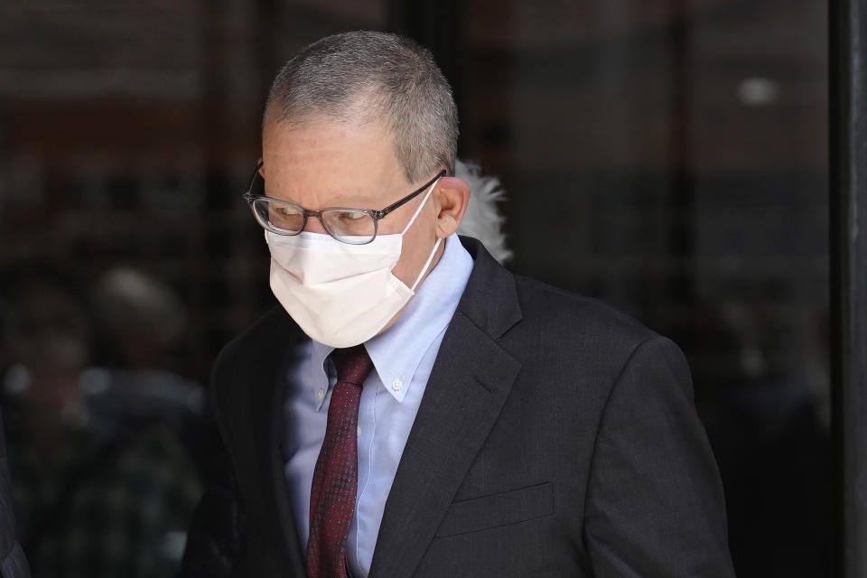 Charles Lieber departs federal court in Boston, Wednesday, April 26, 2023. Lieber, a former Harvard University professor convicted of lying to federal investigators about his ties to a Chinese-run science recruitment program and failing to pay taxes on payments from a Chinese university, was sentenced Wednesday to supervised release and ordered to pay more than $83,000 in restitution and fines. (AP Photo/Steven Senne)