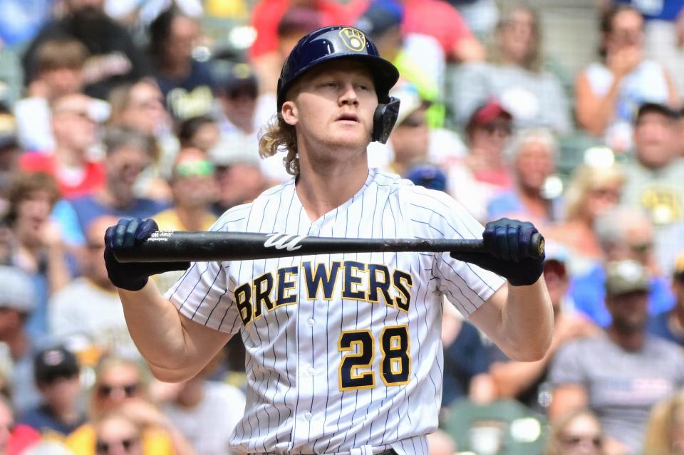 Aug 6, 2023; Milwaukee, Wisconsin, USA; Milwaukee Brewers center fielder Joey Wiemer (28) reacts after striking out in the third inning against the Pittsburgh Pirates at American Family Field. Mandatory Credit: Benny Sieu-USA TODAY Sports
