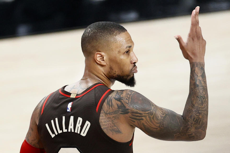 Damian Lillard reacts after a 3-pointer.