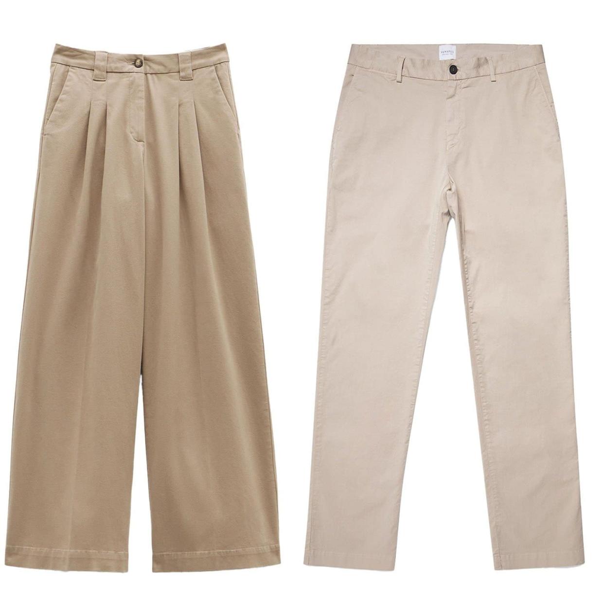 Women: Ali wide chino trousers, £89, Hush; Men: Regular fit stretch chino, £175, Sunspel