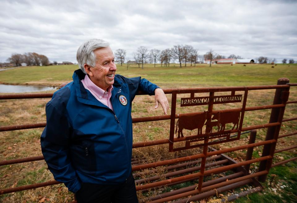 Missouri Governor Mike Parson reflects on his time in office and what he plans to do after he leaves office during an interview at his farm near Bolivar on Thursday, Nov. 16, 2023.