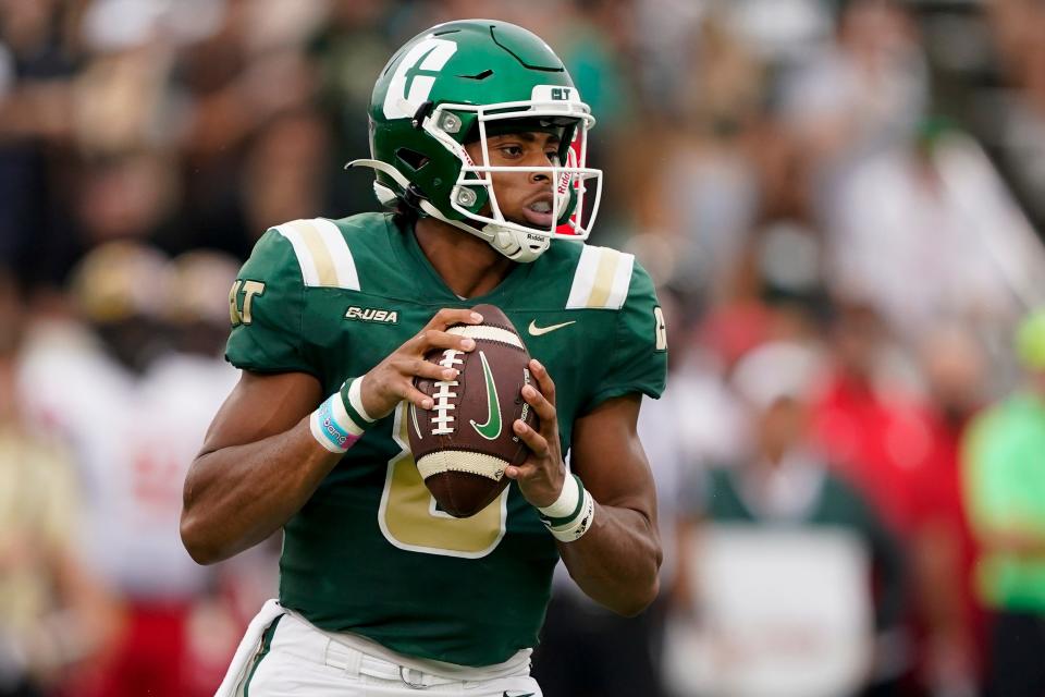 Charlotte quarterback Xavier Williams passes against Maryland during the first half of an NCAA college football game on Saturday, Sept. 10, 2022, in Charlotte, N.C. (AP Photo/Chris Carlson)