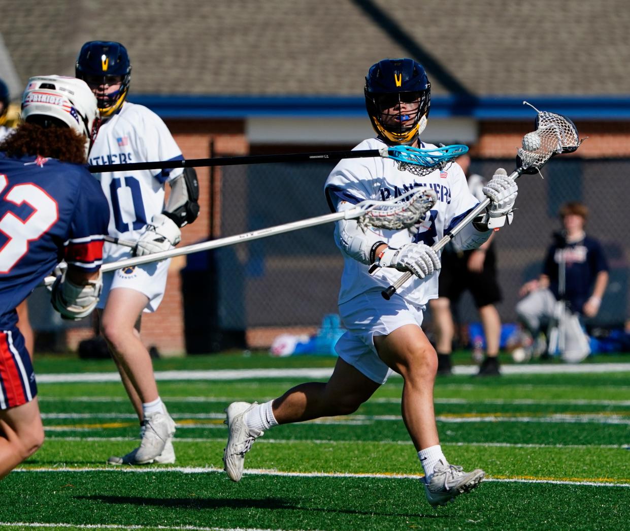 Pequannock's Ryan Torrisi runs with pressure from the Lenape Valley defense in the North Group 1 first round lacrosse game in Pompton Plains on Thursday, May 25, 2023.