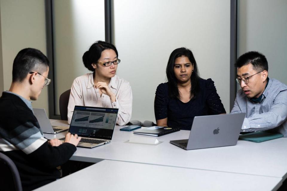 PNNL delivers advanced predictive tools that reflect the dynamics and interactions of natural and human systems that decision-makers can use to determine strategies for resilience and mitigation of climate change. Shown here from left are researchers Yang Qiu, Di Sheng, Srishti Vishwakarma and Xin Zhao.