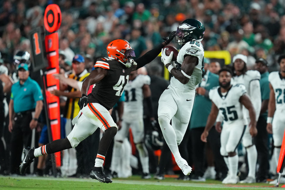 PHILADELPHIA, PENNSYLVANIA – AUGUST 17: Joseph Ngata #86 of the Philadelphia Eagles catches a pass against Gavin Heslop #41 of the Cleveland Browns in the second half of the preseason game at Lincoln Financial Field on August 17, 2023 in Philadelphia, Pennsylvania. The Browns tied the Eagles 18-18. (Photo by Mitchell Leff/Getty Images)