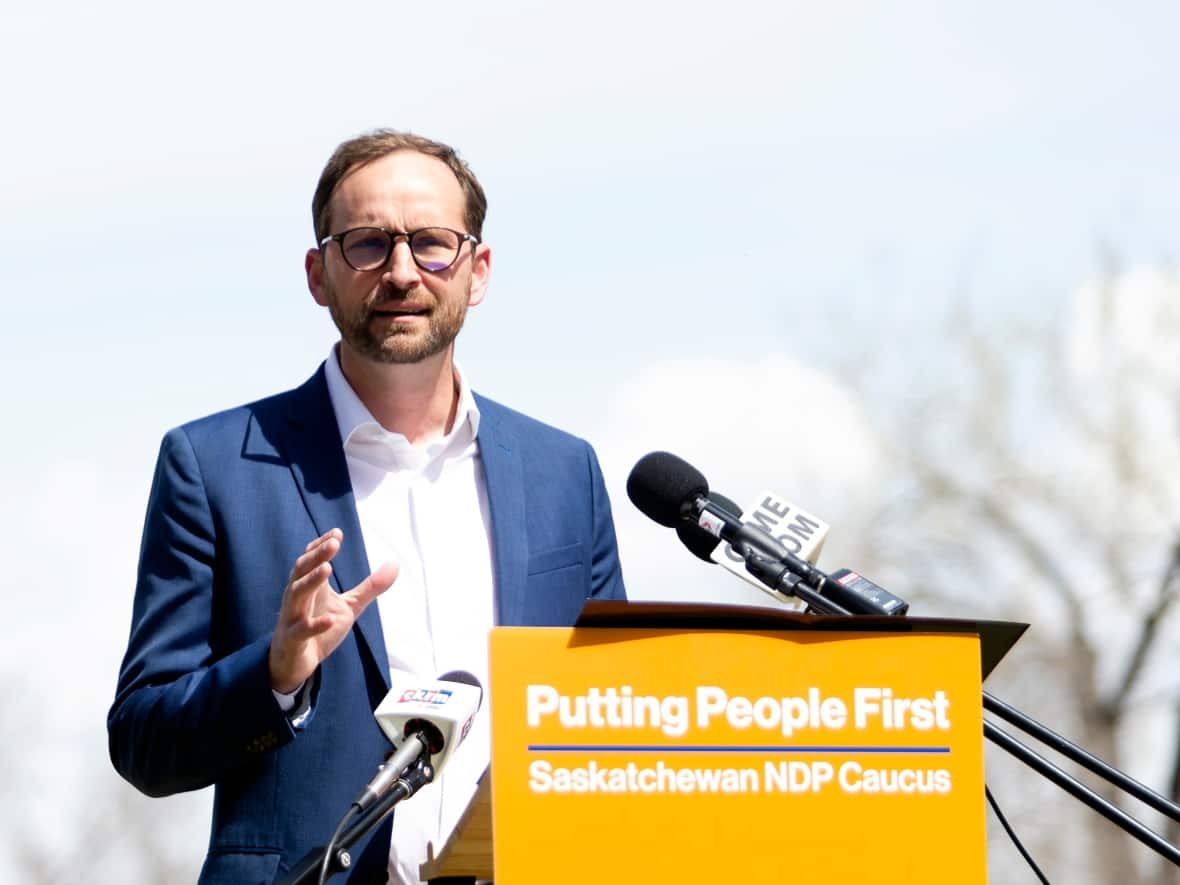 Saskatchewan NDP Leader Ryan Meili speaks on the west lawn of the provincial legislature on May 13, 2021. (Bryan Eneas/CBC - image credit)