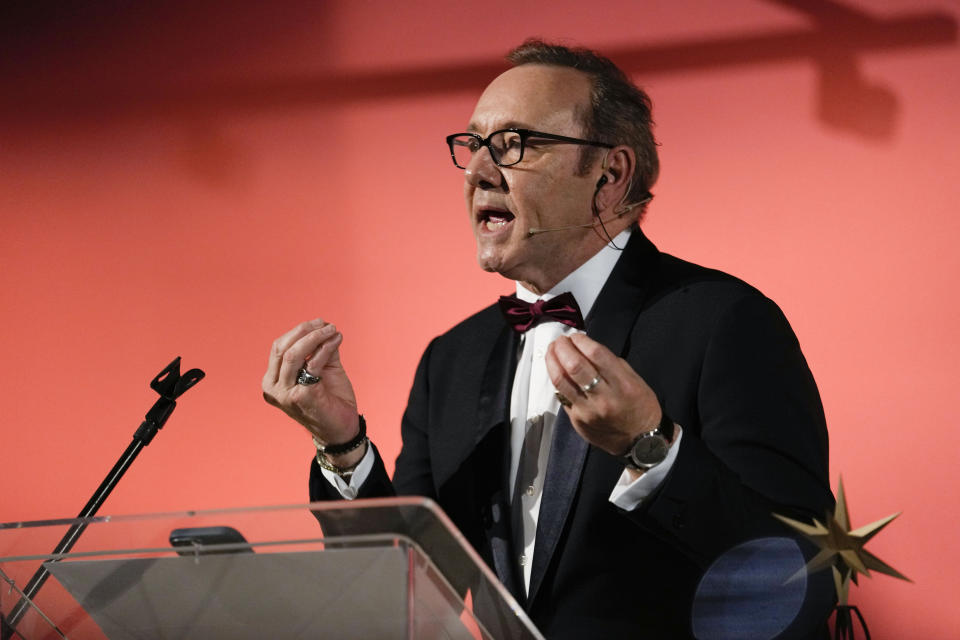 Actor Kevin Spacey talks during a master class at the National Museum of Cinema in Turin, Monday, Jan. 16, 2023. Kevin Spacey was in the northern Italian city of Turin on Monday to receive the lifetime achievement award, teach a master class and introduce a screening of the 1999 film "American Beauty." (AP Photo/Luca Bruno)