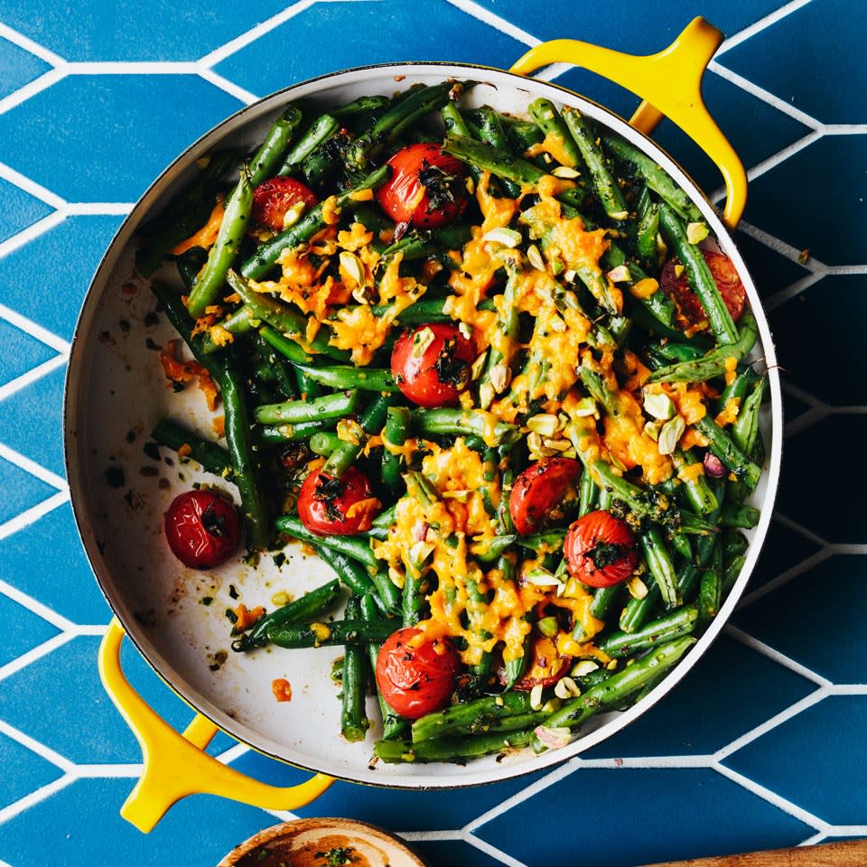 Tomato & Green Bean Casserole with Spicy Herb Pesto