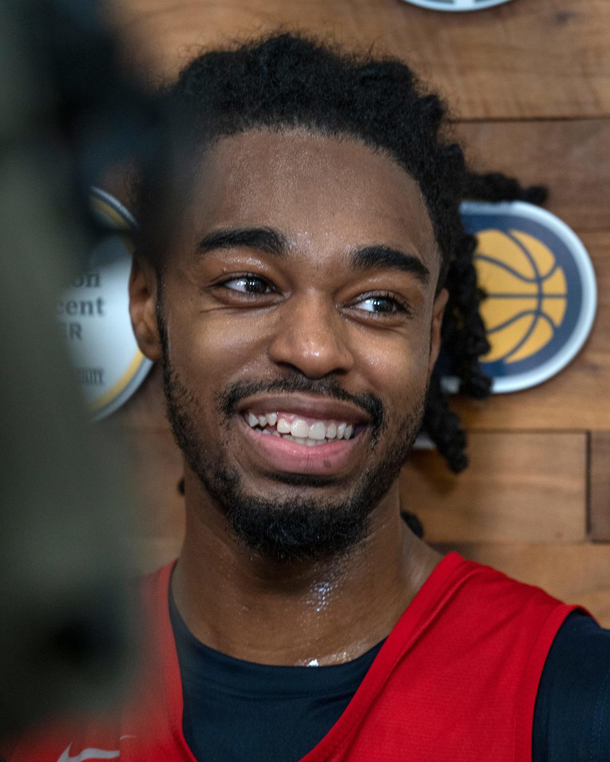 Antonio Reeves talks with the media after the Pacers pre-draft workout Thursday, June 13, 2024 at the Pacers’ Ascension St. Vincent Center practice facility.