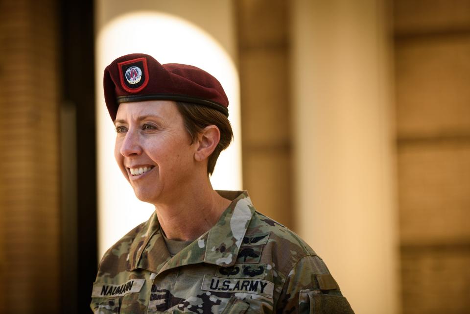Command Sgt. Maj. JoAnn Naumann is the first female senior enlisted leader for U.S. Army Special Operations Command. Command Sgt. Maj. Michael Weimer relinquished command of the U.S. Army Special Operations Command to Naumann, left, on Monday, May 1, 2023.
