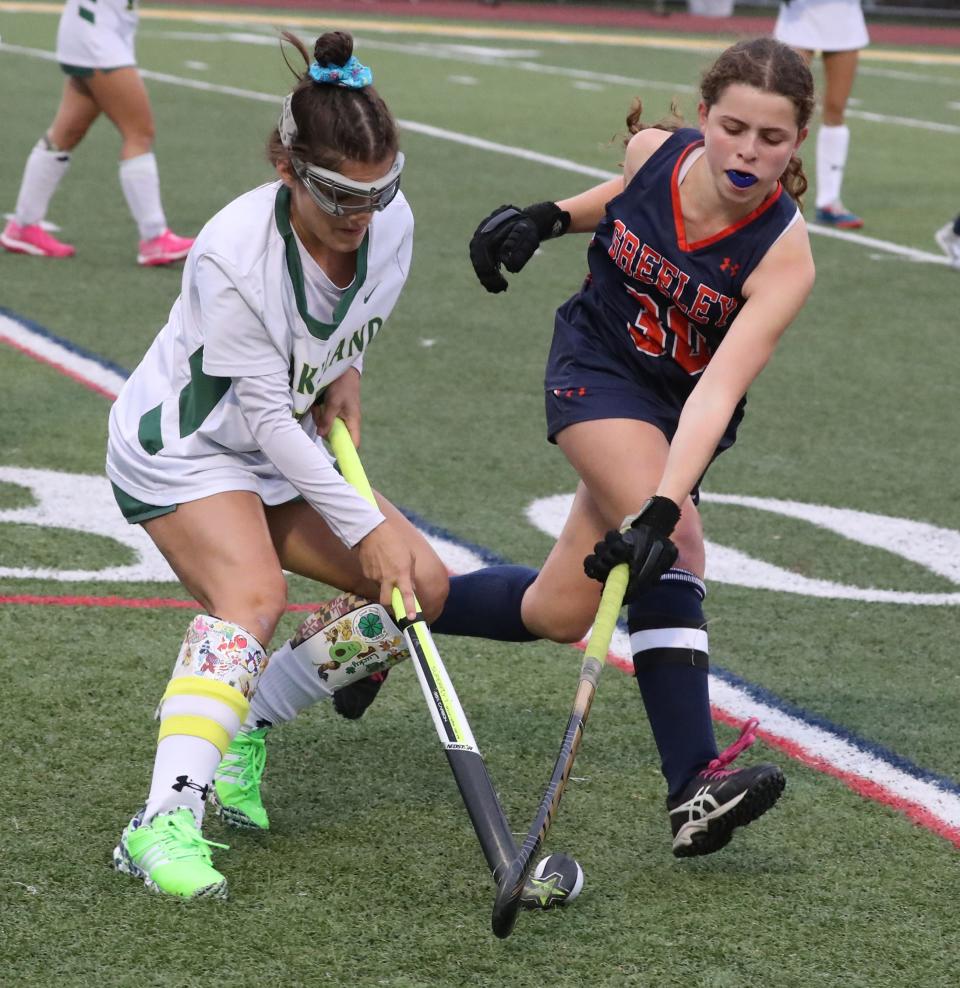 Lakeland's Bella Basulto (l) and Horace Greeley's Dani Halperin (r) battle for the ball during Lakeland's 1-0 win at Lakeland Oct. 3, 2022. The pair, among the best players in the area last year, are once again anticipated to star for their respective teams.