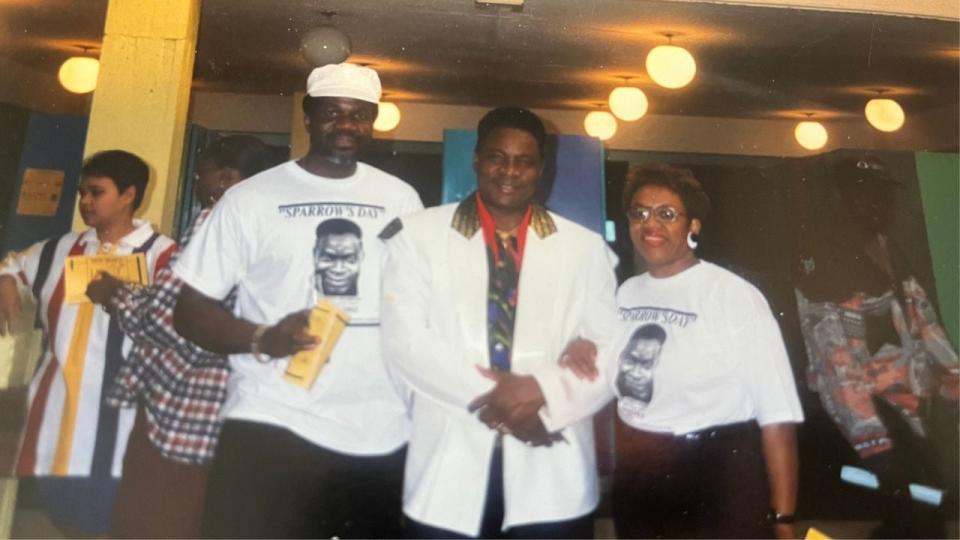 Raeburn-Baynes and her husband are seen here in a photo taken in Montreal with calypso artist Slinger Francisco, middle, who performed under the name Mighty Sparrow.