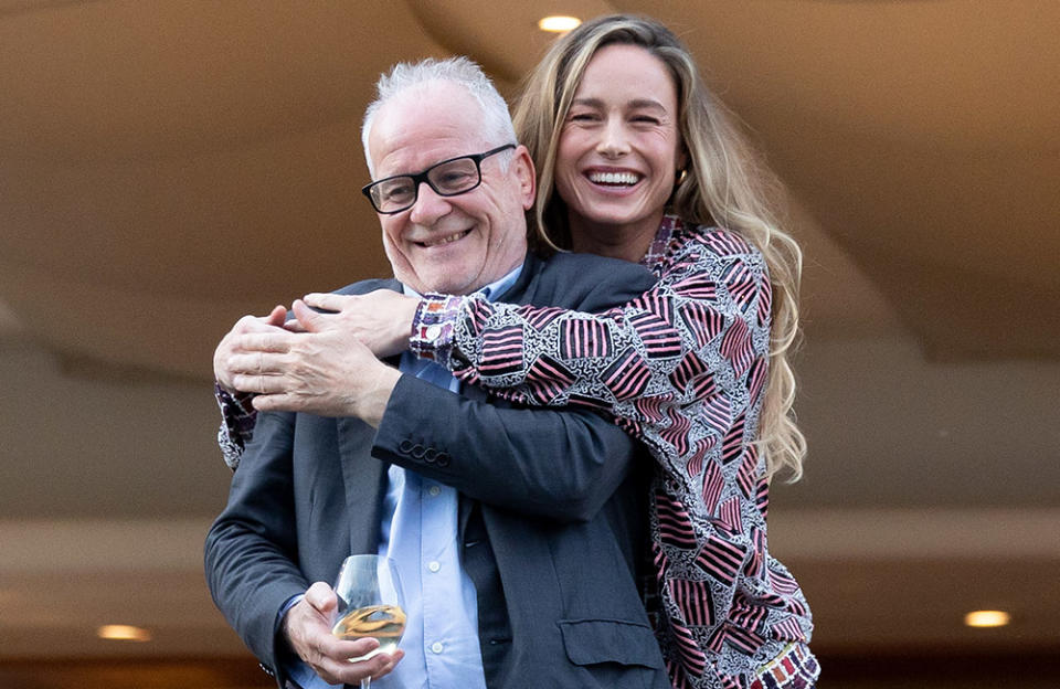 (L-R) Thierry Fremaux and Brie Larson attend the Jury Dinner ahead of the 76th Cannes film festival at Hotel Martinez In The Unbound Collection By Hyatt on May 15, 2023 in Cannes, France.