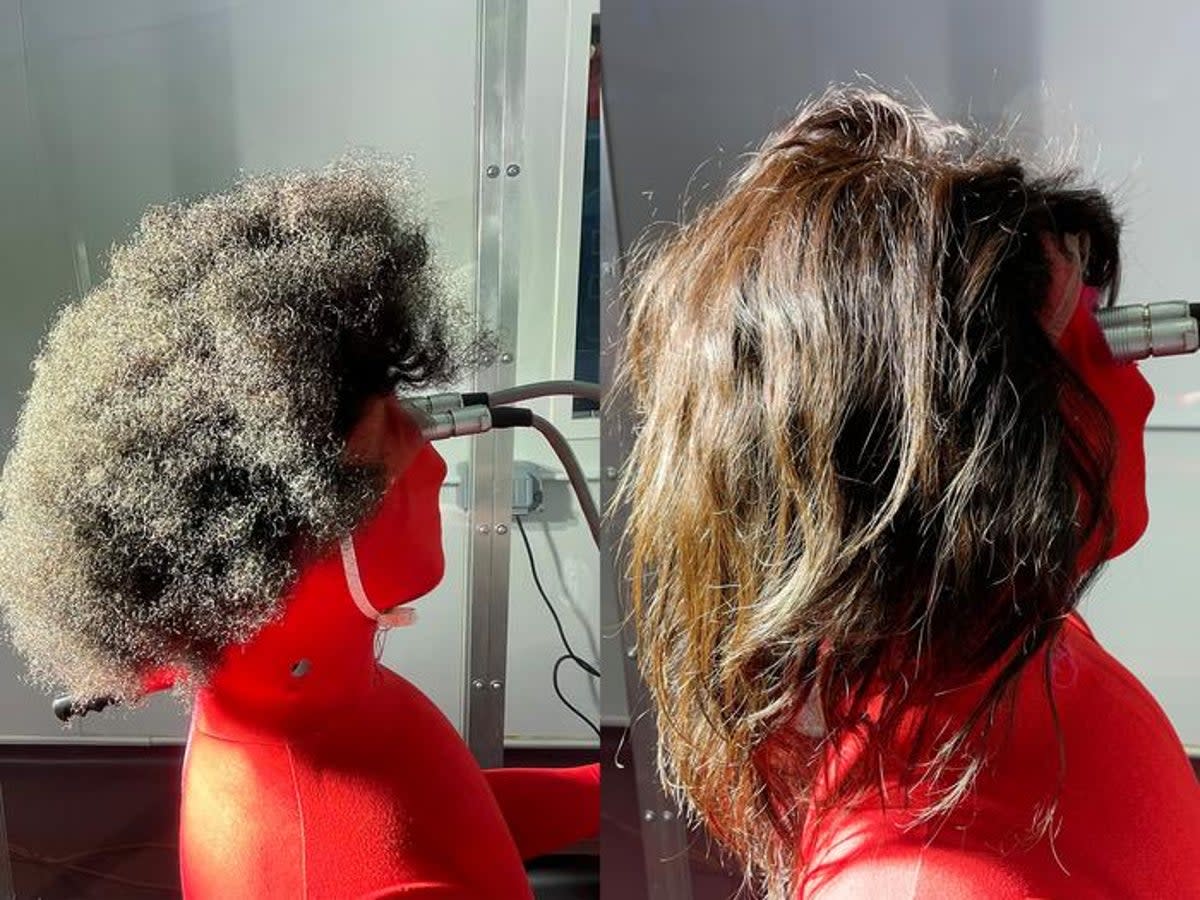 A thermal manikin wearing tightly curled (left) and straight (right) human hair wigs (George Havenith, Loughborough University)