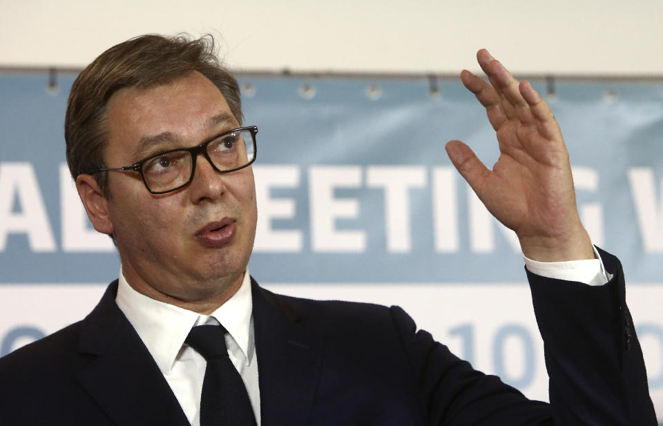 Serbia's President Aleksandar Vucic talks for the media during a joint news conference, following the Western Balkan leaders' meeting in the southwestern town of Ohrid, North Macedonia, Sunday, Nov. 10, 2019. Western Balkan leaders say they are committed to work closely and to remove administrative barriers for free movement of goods and people between their countries. (AP Photo/Boris Grdanoski)