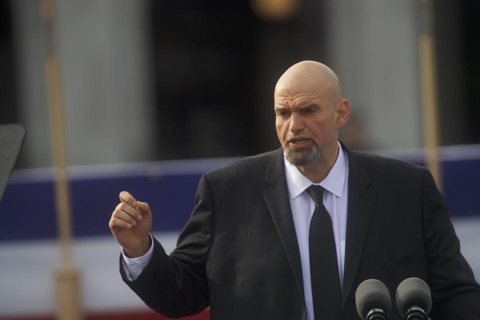 HARRISBURG, PA - JANUARY 15:  Lieutenant Governor John Fetterman (D - PA) delivers an introduction for Governor Tom Wolf during an inaugural ceremony on January 15, 2019 in Harrisburg, Pennsylvania.  Wolf won by more than 17 percent in November to claim another gubernatorial term.  (Photo by Mark Makela/Getty Images)