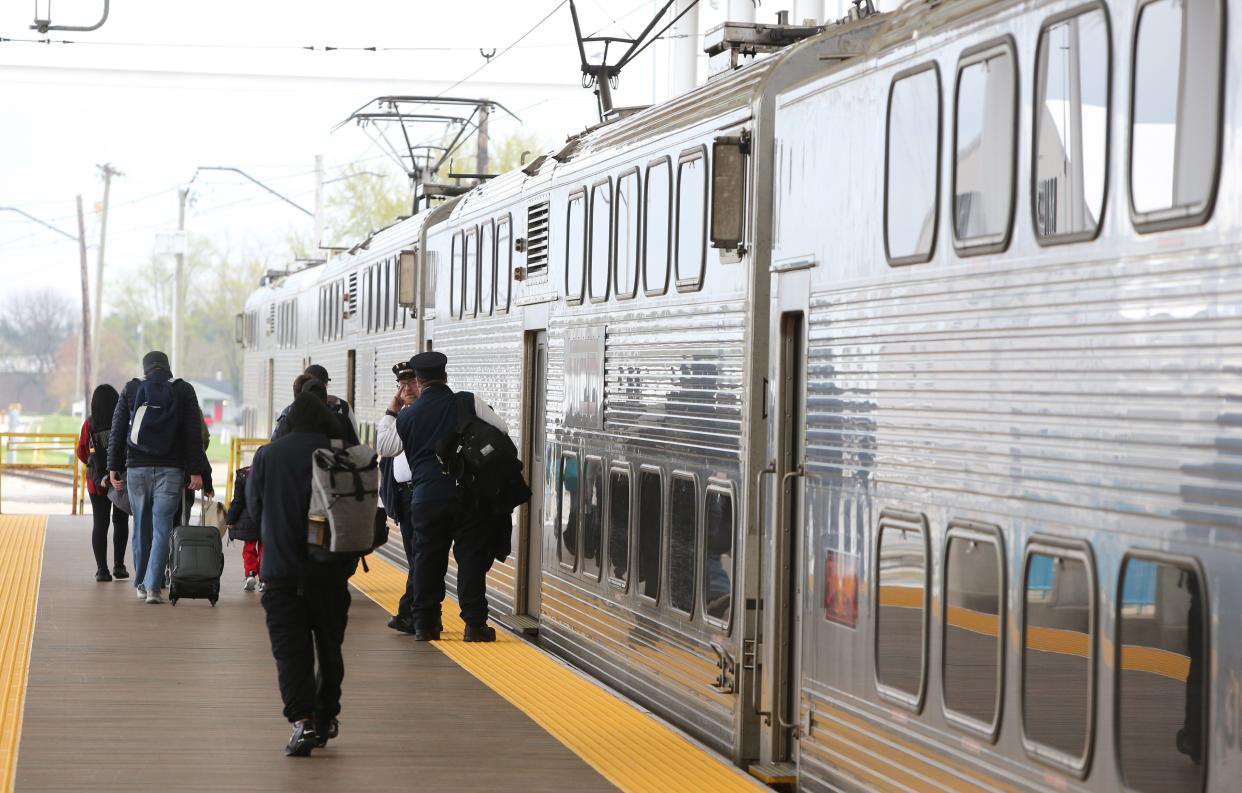 The weekday South Shore train arrives Tuesday, April 25, 2023, at the South Bend International Airport terminal in South Bend. 